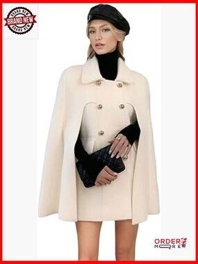 Wool Blend Cape Coat Double-Breast Sleeveless Poncho Winter Warm